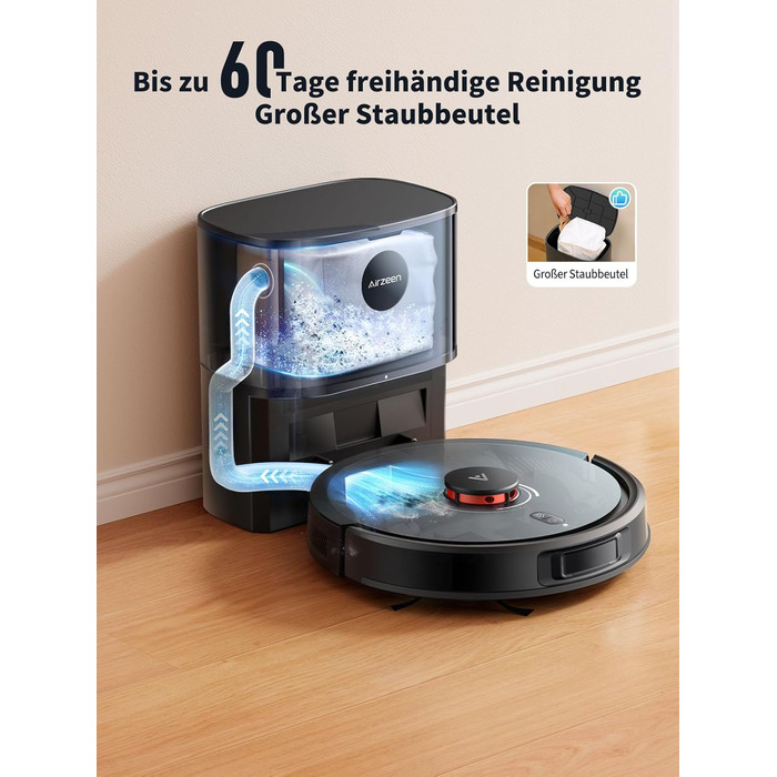 Робот-пилосос Airzeen Q10 Pro S з вологою, 6000Pa, LiDAR, керування через APP та Alexa, для дому, килимів, шерсті тварин, чорний