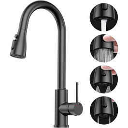 Змішувач кухонний висувний з нержавіючої сталі з 360° обертанням та 4 режимами, для кухонних мийок, з ABS-розпилювачем, підходить лише для ЄС (G3/8)