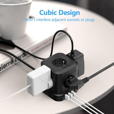 Сетевой фильтр JSVER Cube 5-fach с USB, 2м кабель, белый/черный. 3680W, 16A, 4 USB зарядки (17W) для офиса, дома, в дорогу.