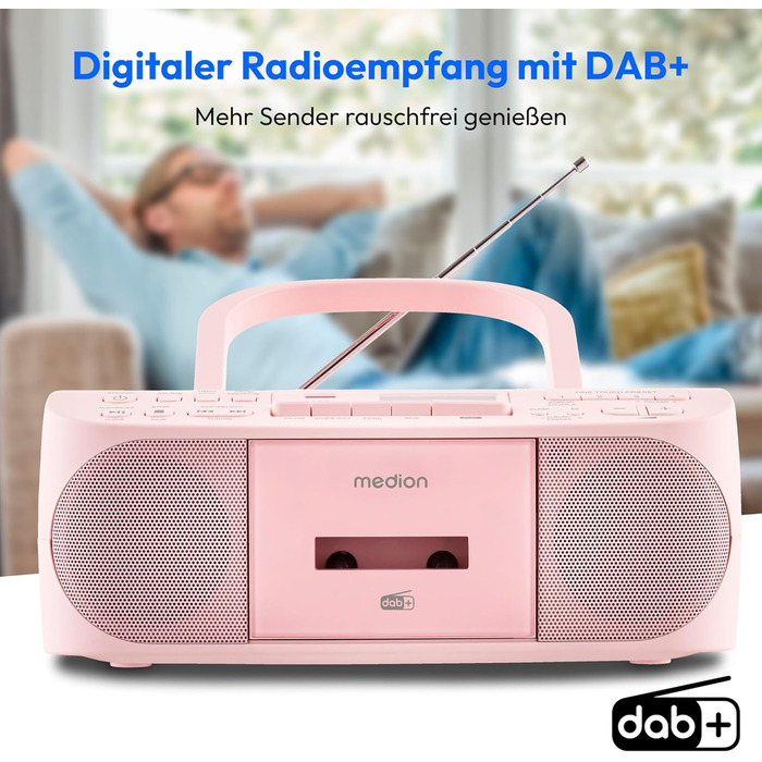 MEDION DRX-1 Plus Boombox: Портативна радіосистема з DAB+, Bluetooth, CD-плеєром, MP3, касетним провідником, AUX, акумулятором та мережевим живленням, зелений/рожевий колір