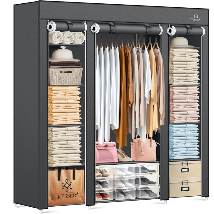 KESSER® Wardrobe Fabric Closet, Stable with Clothes Rail & Shelves, Incl. 5x Clothes Hangers, Fabric Folding Closet for Bedroom, Dressing Room Wardrobe with Clothes Rack 150x45x175cm Anthracite