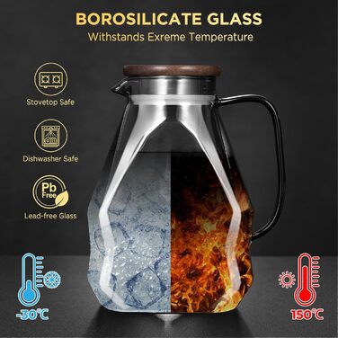 ecooe Glass Giraffe 1.8L Water Carafe for Refrigerator Door, Carafe Glass with Lid, Black Refrigerator Pitcher Water Jug Glass Jug for Hot/Cold Water, DIY Drinks, Iced Tea, Juice, Milk, Tea, Coffee