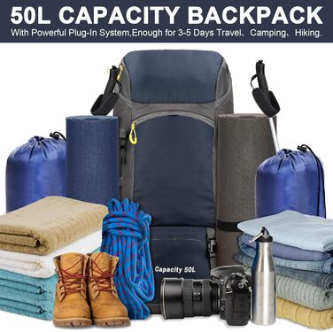 Jianyana Wanderrucksack 50L Trekking Backpack Rain Cover Travel Backpack Waterproof Camping Backpack for Hiking Camping Mountaineering Travel Sports Men Women (Blue)