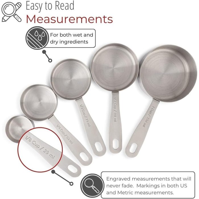 Stainless Steel Measuring Cups – 5-Piece Durable Measuring Cup Set for Dry Ingredients, Spices, or Liquids