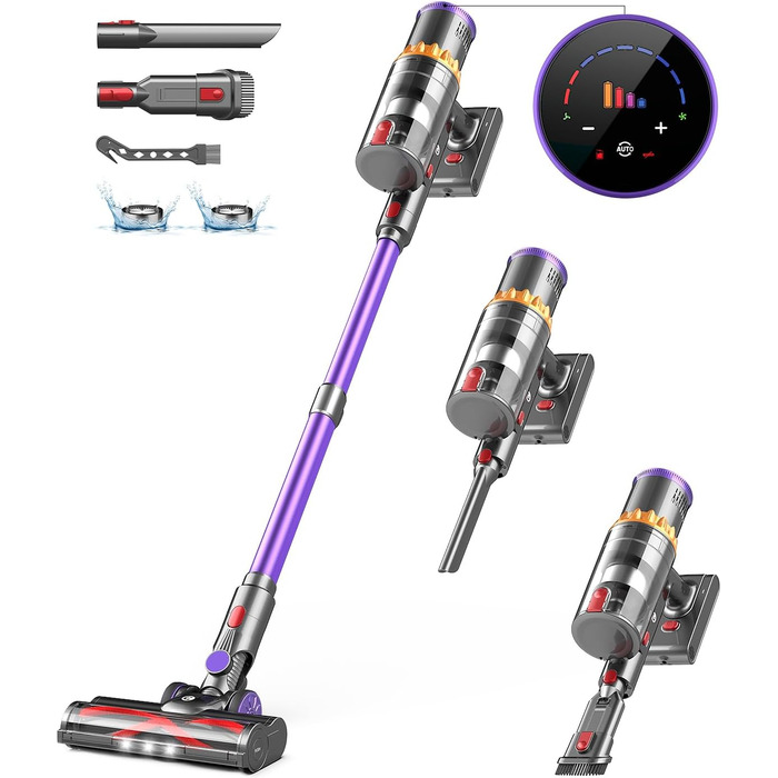 CHEBIO 45000Pa/550W/70Min Cordless Vacuum Cleaner, Battery-Powered Vacuum with Automatic Suction Setting, Vacuum with Anti-Tangle Brush & LED Display for Carpets, Hard Floors, and Pet Hair