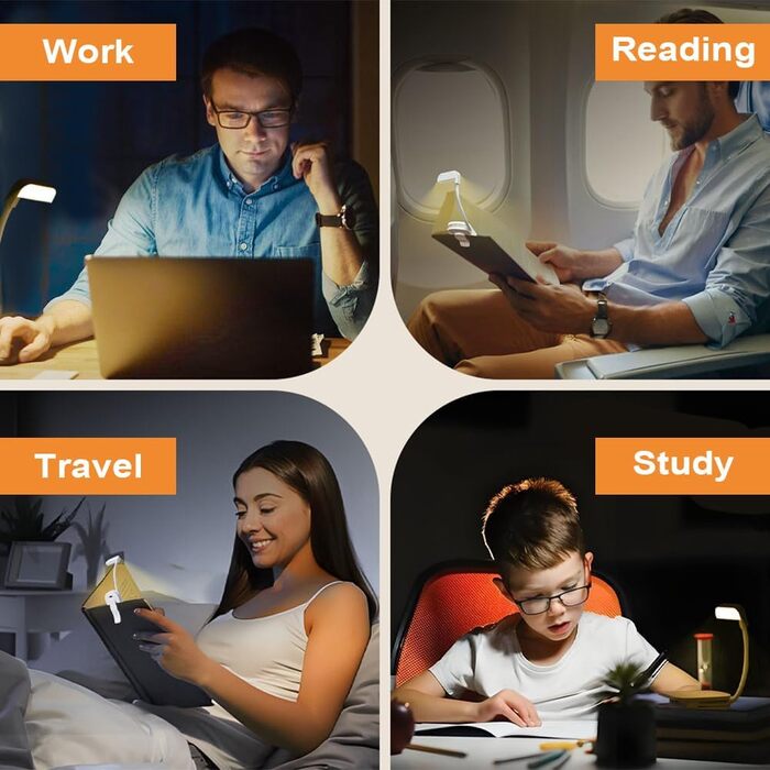 LED лампа для читання з кліпсою, USB перезаряджувана, 3 режими яскравості та колірної температури, гнучка на 360°, біла