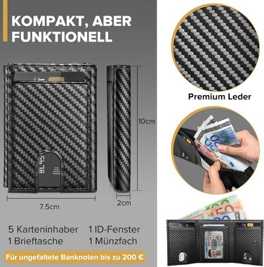 Чоловічий гаманець UNOSEKS: RFID захист, картхолдер, slim дизайн, відділення для монет, картки, ID, з алюмінію (карбон, чорний)