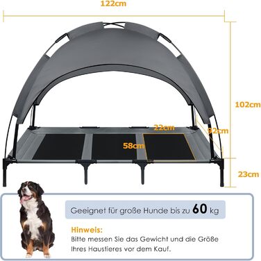 Підвищене ліжко для собак UISEBER 92x76x92 см, Outdoor з дахом, для великих собак до 50 кг, водонепроникне, сіре+чорне (XL)