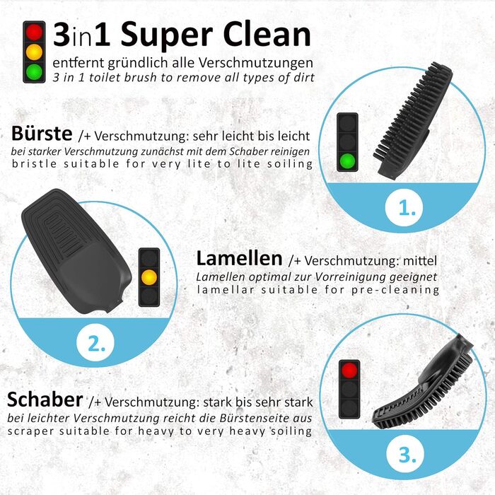 Набір для туалету 3-в-1 з силіконовою щіткою, тримачем та кріпленням на стіну. Довга ручка з нержавіючої сталі, гігієнічний дизайн з ламелями та скребком. Підходить для ванної кімнати та гостьового туалету. Запасні насадки включені.