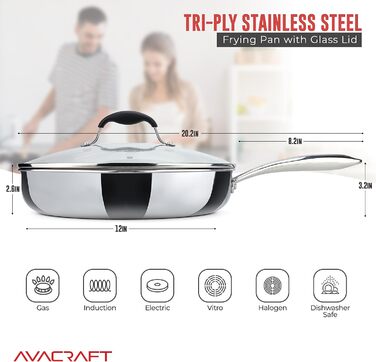 Сковорода AVACRAFT з нержавіючої сталі 18/10 Tri-Ply з кришкою, виливами, зручною ручкою, для індукційних плит, 30 см