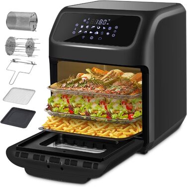 LLIVEKIT Air Fryer Hot Air Oven 12L, 1800W Mini Oven with 6 Accessories & Recipe Book, 12-in-1 Air Fryer with Digital LED Display, Fruit Dehydrator, Barbecue, Oil-Free Air Fryer 12L Black