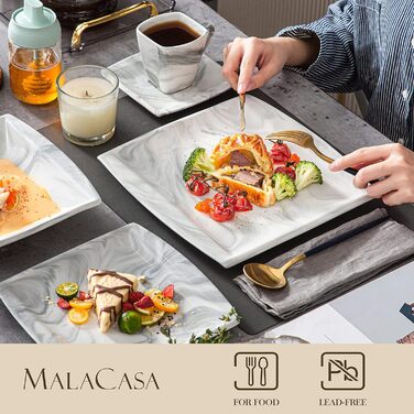 Набір посуду MALACASA BLANCE 30 предметів сірого мармуру, квадратний, порцеляна: 6 чашок, 6 десертних, 6 обідніх, 6 супових тарілок на 6 осіб