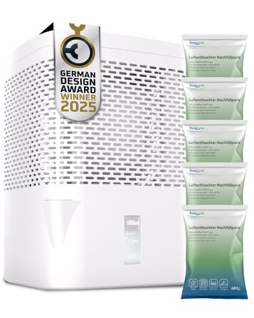 Зволожувач повітря BonAura® без струму до 23 м² | 360° вентиляція | Для дому та квартири | З виливом та 5 гранул по 680г | Захист від плісняви та неприємних запахів