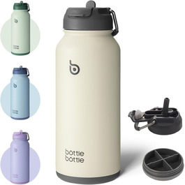 BOTTLE BOTTLE Stainless Steel Water Bottle 1L with Straw – Leak-Proof Insulated Bottle for Sports & Gym, with Pill Compartment, BPA-Free, Double-Walled (Grey)