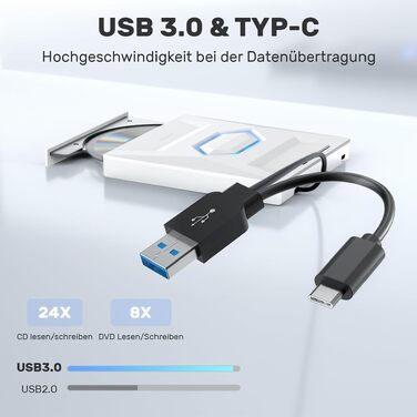 Зовнішній USB-C CD/DVD-привід UNITEK з картридером SD, USB 3.0 хабом та записом CD-ROM, білий — для ноутбуків, ПК (Windows, Linux, macOS)