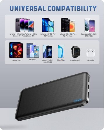 Портативний зарядний акумулятор Power Bank 10000mAh, ультратонкий, з USB-C, 2 USB виходи, сумісний з iPhone, iPad, Samsung, AirPods