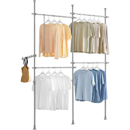 SoBuy KLS03-SCH Clothes Rack Coat Rack with 4 Clothes Rails Telescopic Wardrobe System Adjustable Shelf System Bra Approx. 124-226x200-285cm (Light Grey)