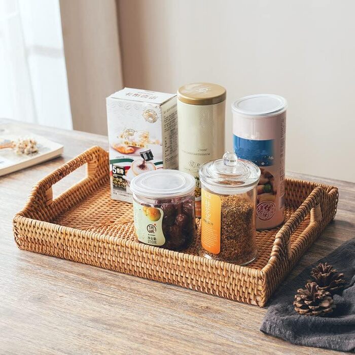 Rattan Serving Tray with Handles, Rectangular Tray from Rattan for Breakfast, Drinks, Snacks for Eating/Coffee Table (43 cm)