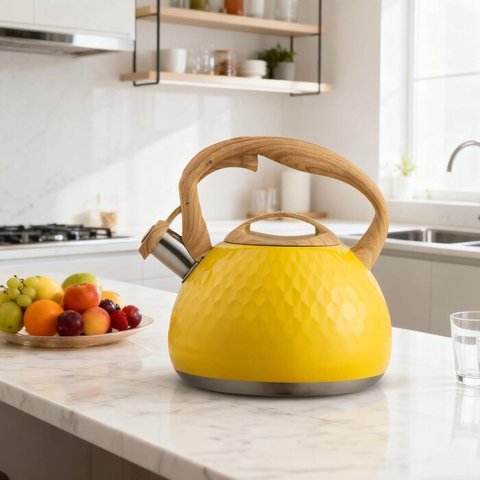 Чайник-свисток з нержавіючої сталі 3L, сумісний з усіма плитами, для чаю та кави, жовтий
