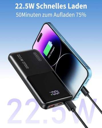 Портативний зарядний акумулятор Power Bank 20000mAh з швидкою зарядкою 22.5W, LCD дисплеєм, 1 USB-C та 2 USB-A, для iPhone 17/16/15/14/13 та смартфонів, чорний