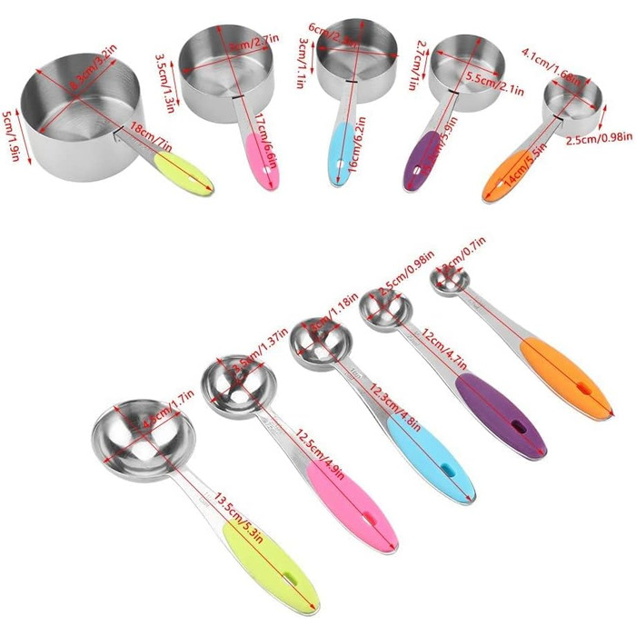 10-Piece Stainless Steel Measuring Cups with Thickened Silicone Handle, Multi-functional for Kitchen Cooking Baking