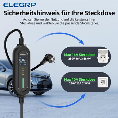 Кабель для зарядки електромобіля Type 2 Schuko 7м, 3.68кВт, 6-16A, IP66 – Мобільна зарядка з відтермінованим стартом, сумісний з EV/PHEV