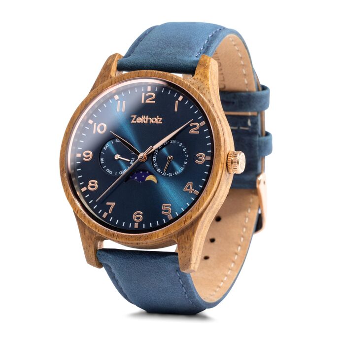 Годинник Zeitholz Holzuhr для чоловіків, аналоговий, 42 мм, з натурального дерева та японським кварцовим механізмом. Екологічний стиль, преміум якість. Колір: блакитний