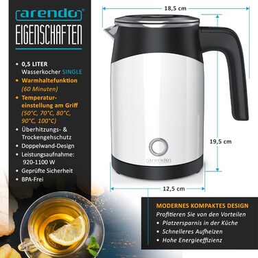 Arendo 0.5L Stainless Steel Kettle with Temperature Setting in Double-Walled Design - 0.5L Water Capacity - 5 Adjustable Temperature Levels - Single Teakettle - Keep-Warm Function - Energy-Saving (A White)