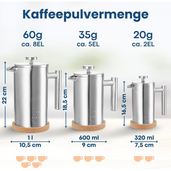 Френч-прес 600 мл з нержавіючої сталі, з підігрівом, 3 фільтри, пробка-підставка, для миття в посудомийній машині, преміум-якість, двостінний, срібний