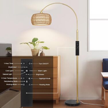 Rayofly Торшер для вітальні Bogenlampe, бохо стиль, ротанг, з пультом ДУ та LED-лампою, керування через додаток, димування, для спальні, офісу (Золотий)