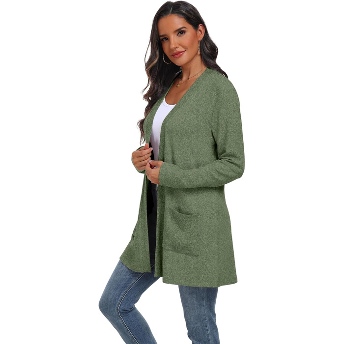 Жіночий в'язаний кардиган QIXING з кишенями | Легкий, елегантний, теплий | Зелений | для осені та зими