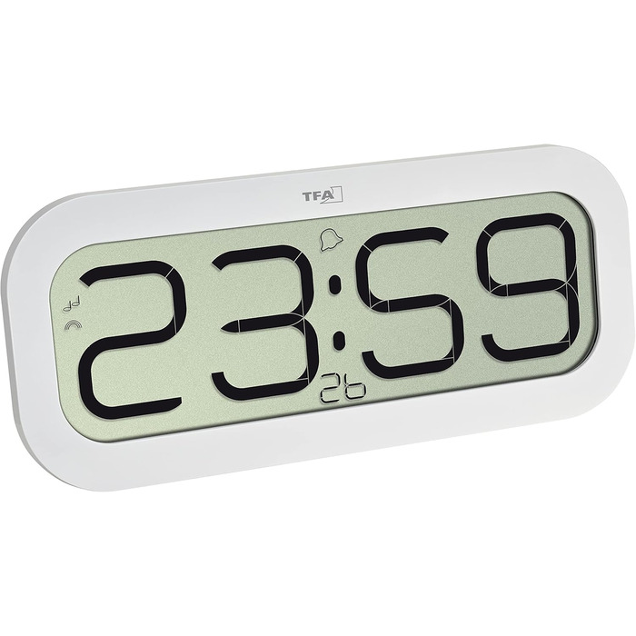 TFA Dostmann Digital Wall Clock with Hourly Chime Bim Bam, 60.4514.02, Radio-controlled Clock with 5 Different Hourly Chimes (Big Ben, Bird, Cuckoo, Bells, Singing Bowl), Alarm Function, LED Display, White
