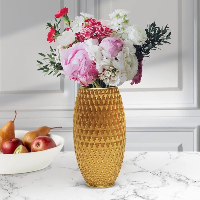 Декоративна ваза для квітів, блакитно-золота, з діамантовим візерунком, широкою основою та вузьким горлом. Ідеально для декору вітальні, їдальні, коридору, спальні. Чудовий подарунок на новосілля