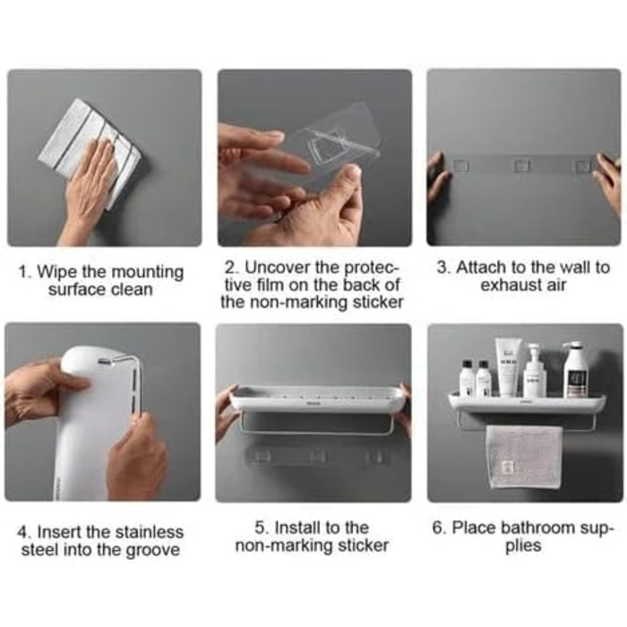 Self-adhesive Bathroom Shelf without Drilling, with Removable Towel Bar, Easy Assembly, Wall Mounting, Shower Caddy, Compact Storage Shelf for Bathroom and Kitchen, Grey