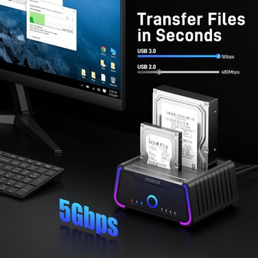Док-станція для жорстких дисків FIDECO USB 3.0 з RGB підсвічуванням, Dual-Slot, підтримка UASP та офлайн-клонування (2.5/3.5