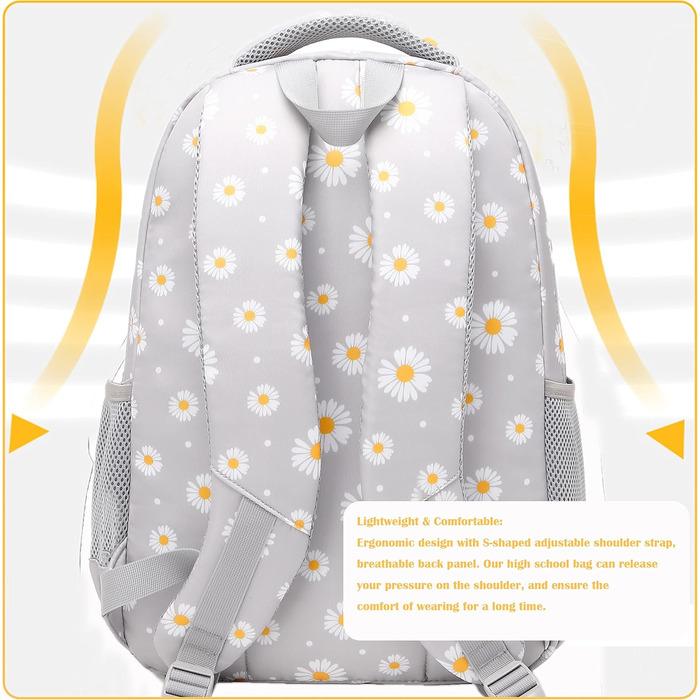 Шкільний рюкзак для дівчаток-підлітків, вінтажний рюкзак-сет, квітковий дизайн, рюкзак для ноутбука, шкільні сумки для жінок, школа, подорожі, з ланч-пакетом та пеналом 3 в 1, сірий