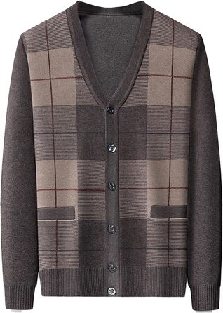 Кардиган чоловічий в стилі аргайл, з ґудзиками, в'язаний, з кишенями, кольору верблюжий (L)