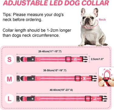 Світлодіодна нашийник для собак Feycig - USB зарядка, водонепроникний, 3 режими, регульований (L, рожевий, 28-40см)
