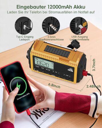 Радіоприймач Kurbelradio 12000mAh з сонячною панеллю та ручкою, AM/FM/SW, USB-зарядка, ліхтарик, SOS-сигнал, для кемпінгу та надзвичайних ситуацій, зелений