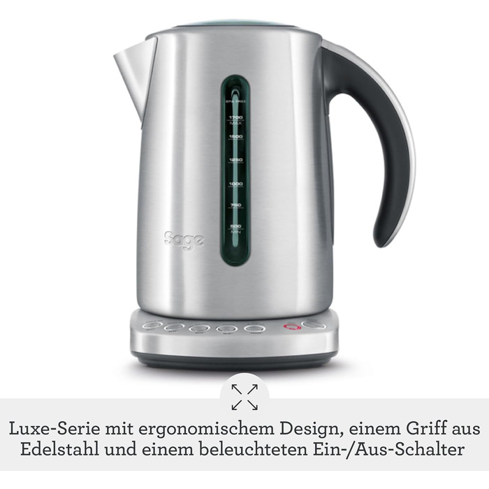 Електричний чайник Sage Smart Kettle з нержавіючої сталі - 1,7л, швидке кип'ятіння, 5 режимів, підтримання тепла, 360° обертання