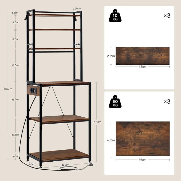Кухонна полиця WOLTU з 6 ярусами та розетками, мікрохвильова полиця з 6 гачками, полиця пекаря з металевим каркасом, регульовані полиці, Чорний+Рустикальне коричневий, 60 x 167 x 40 см, Чорний+Вінтажний коричневий 60 x 39,5 x 167 см