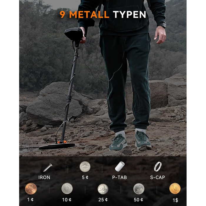 Металошукач SUNPOW – 5 режимів, професійний для дорослих, з Pinpointer, водонепроникний IP68, 30см котушка, 2 HD-LCD дисплеї, DSP-чип, регульований стержень, міцна спіральна структура, повний комплект (OTMD07)