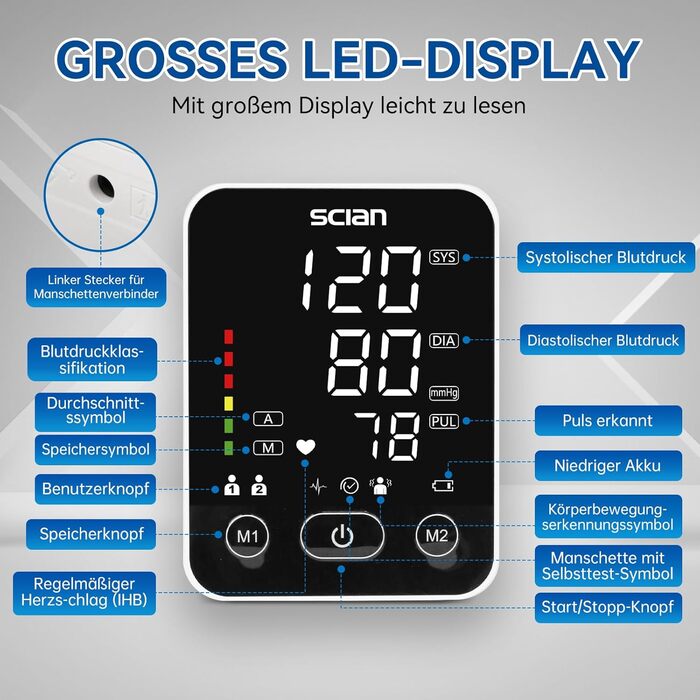 Тонометр на плече Scian для дому, автоматичний, велика манжета 22-42 см, пам'ять 2x100