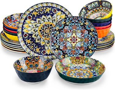 Tableware service for 6 people, vancasso simi 24-piece combination tableware set made of porcelain, dinnerware set with dinner plates, dessert plates, soup plates, and bowls, Bohemian style 24-piece tableware service