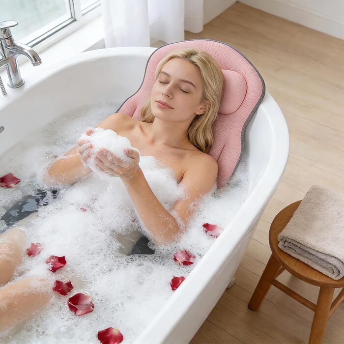 Подушка для ванни Ganz Körper Rosa: м'яка підставка для тіла з підтримкою голови, шиї, спини та ніг. Нековзна підстилка для ванни з присосками та гачками.
