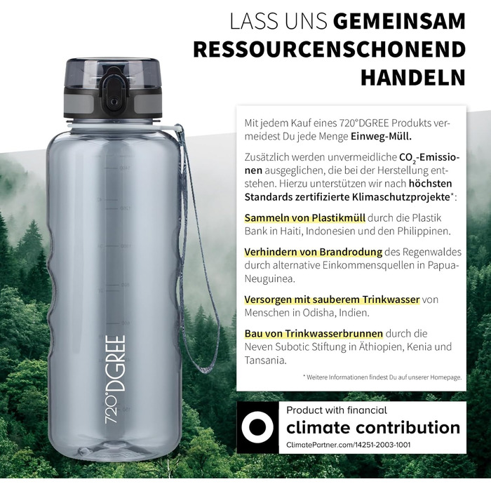 Пляшка для води 720°DGREE 'uberBottle' з ситечком 350мл-2л, BPA-Free, для спорту, школи, дітей, фітнесу, велосипеда, прогулянок. Спортивна пляшка Tritan 1500мл, сірий