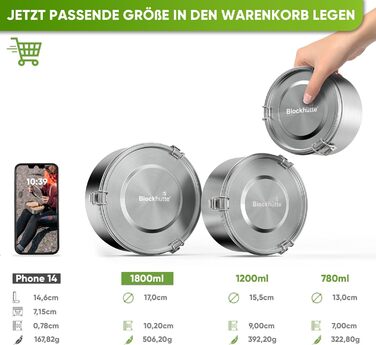 Premium Blockhut Jausenbox Stainless Steel Round I 1800ml I with Spoon 2x Seal Set I Leak-proof Stainless Steel Lunchbox for Adults I Stainless Steel Storage Containers Freezer-safe I Brotzeitbox (German for snack box) Stainless Steel