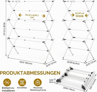 Розсувна сушарка для білизни KINGRACK, розширювана підлогова сушарка для одягу для дому та вулиці, біло-чорна, 115 × 37 × 90.2 см