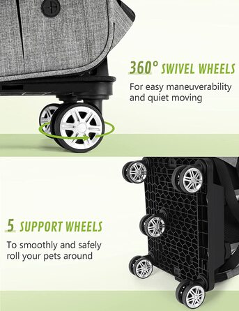 Pecute Rolling Backpack for Dogs and Cats, Dog Trolley Cat Carrier with Mesh Window, Foldable Travel Bag, Lightweight Dog Stroller, Grey