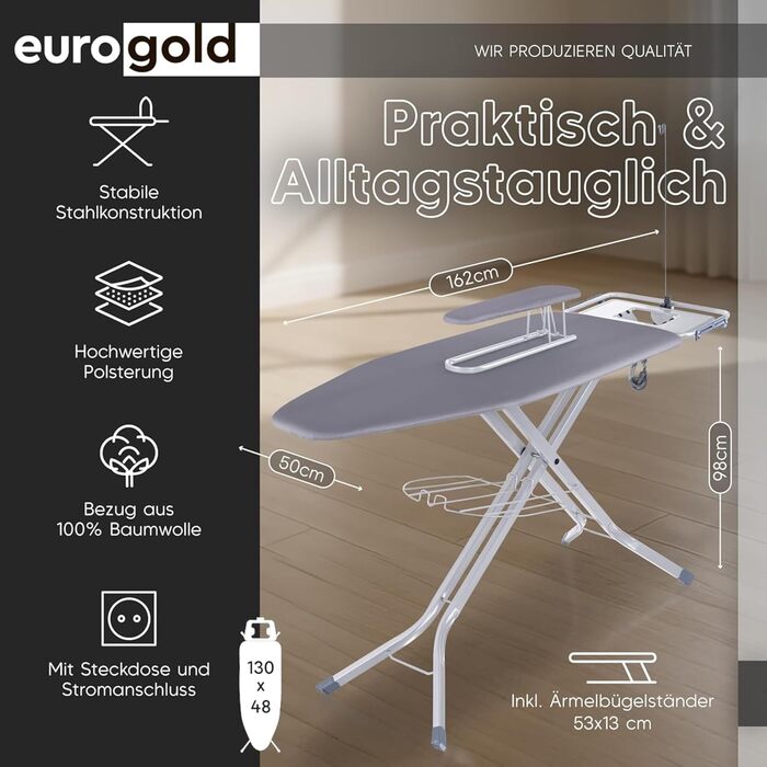 Прасувальна дошка EUROGOLD для парогенератора 130x48 см з розеткою, регульована по висоті, складана, з підкладкою для рукавів та підставкою для праски, бавовняний чохол Oeko-Tex (Сірий)
